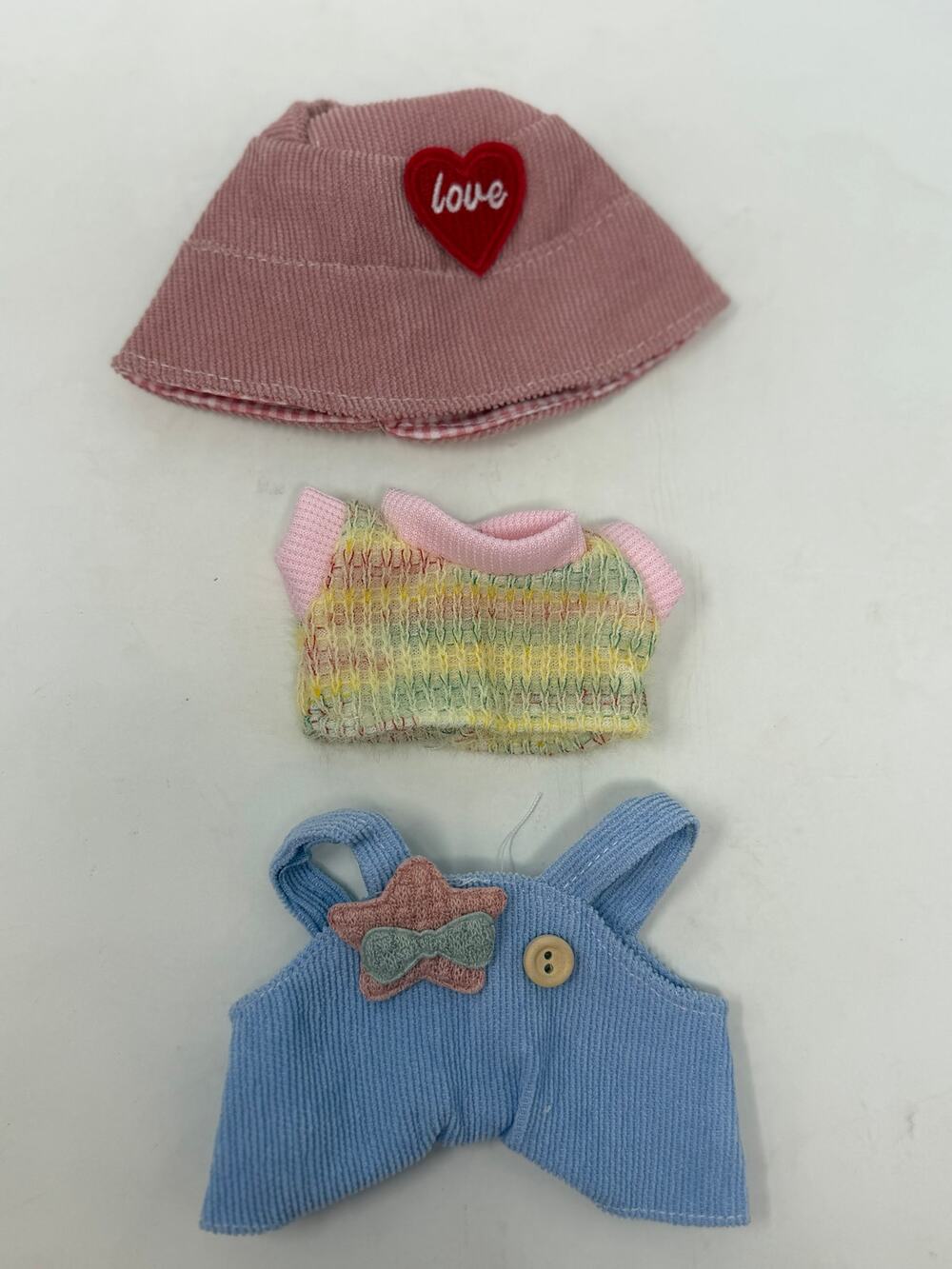 Doll Clothes Pink Hat, Pink Yellow Green Sweater and Light Blue Overalls